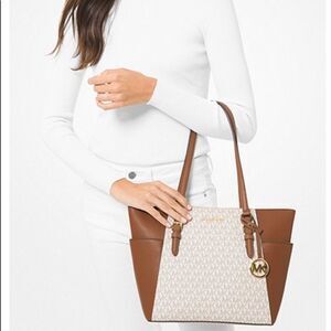 MICHAEL Kors Leather Trim Signature Logo Top-Zip Tote Bag Vanilla Tan Gold NWT